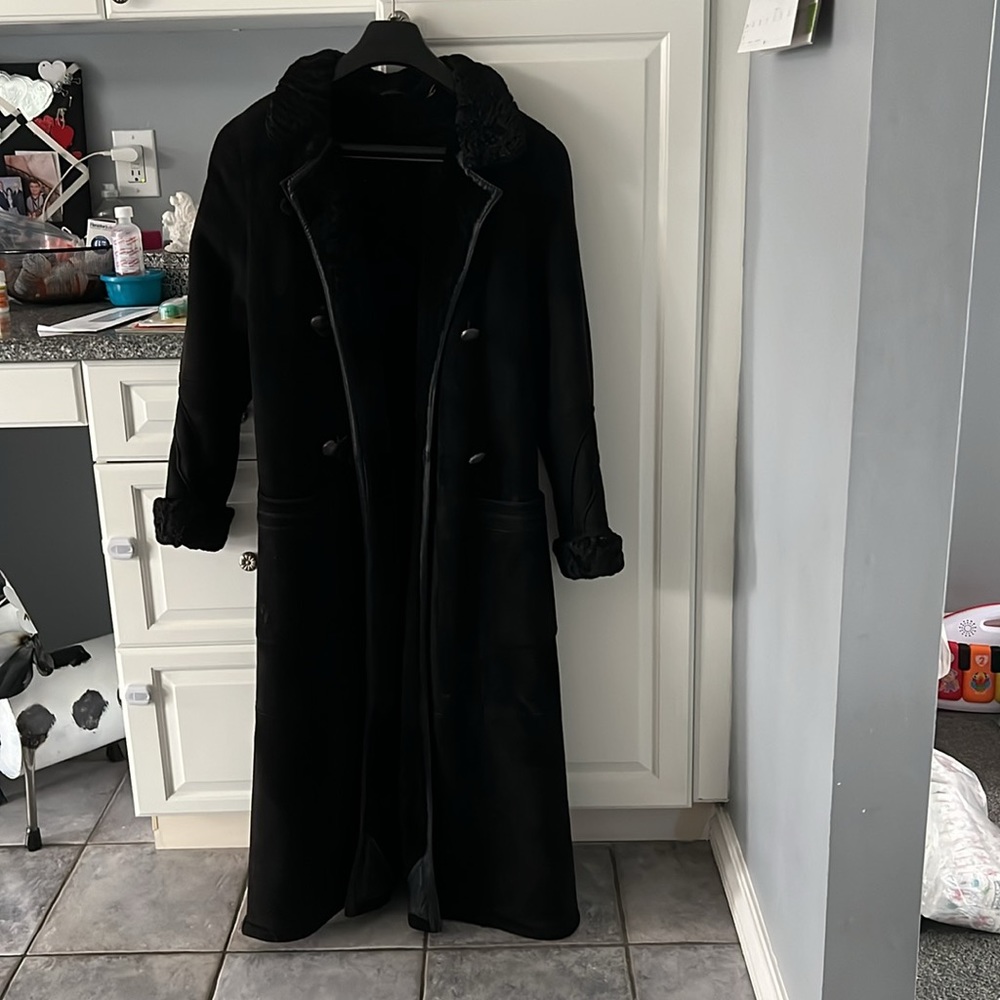 Revillion Shearling maxi coat black 1980’s vintage. Paris France